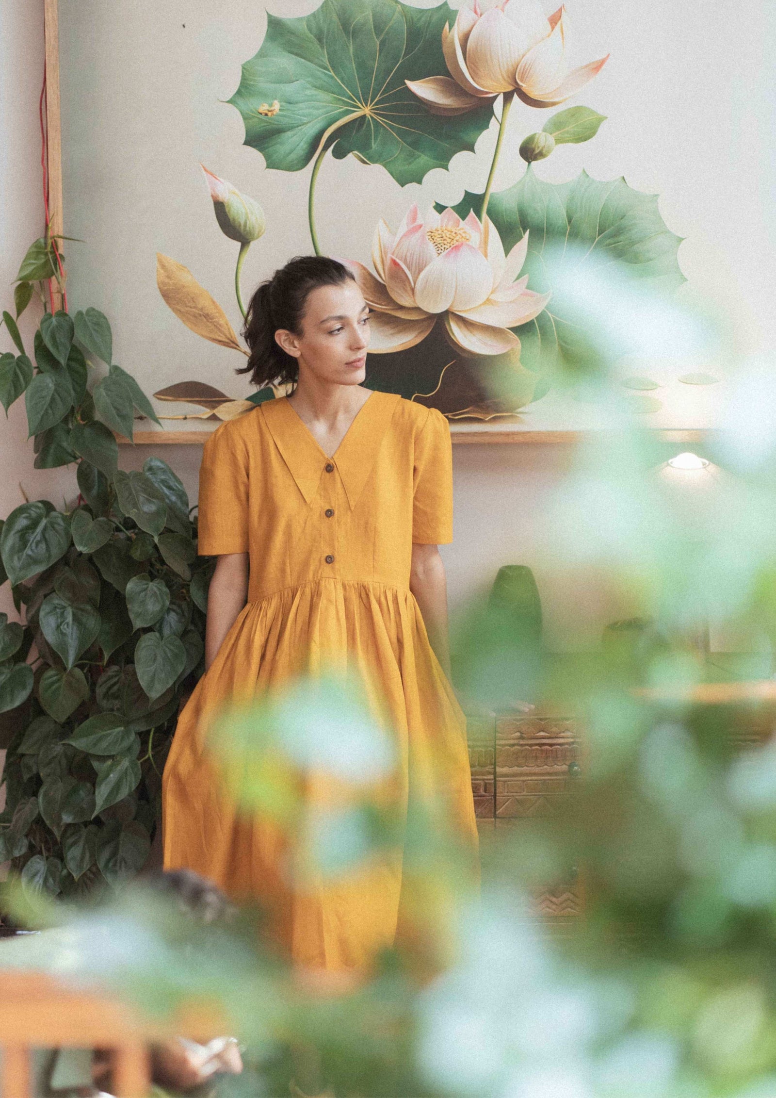 Linen Sunset Stroll Gathered Midi Dress