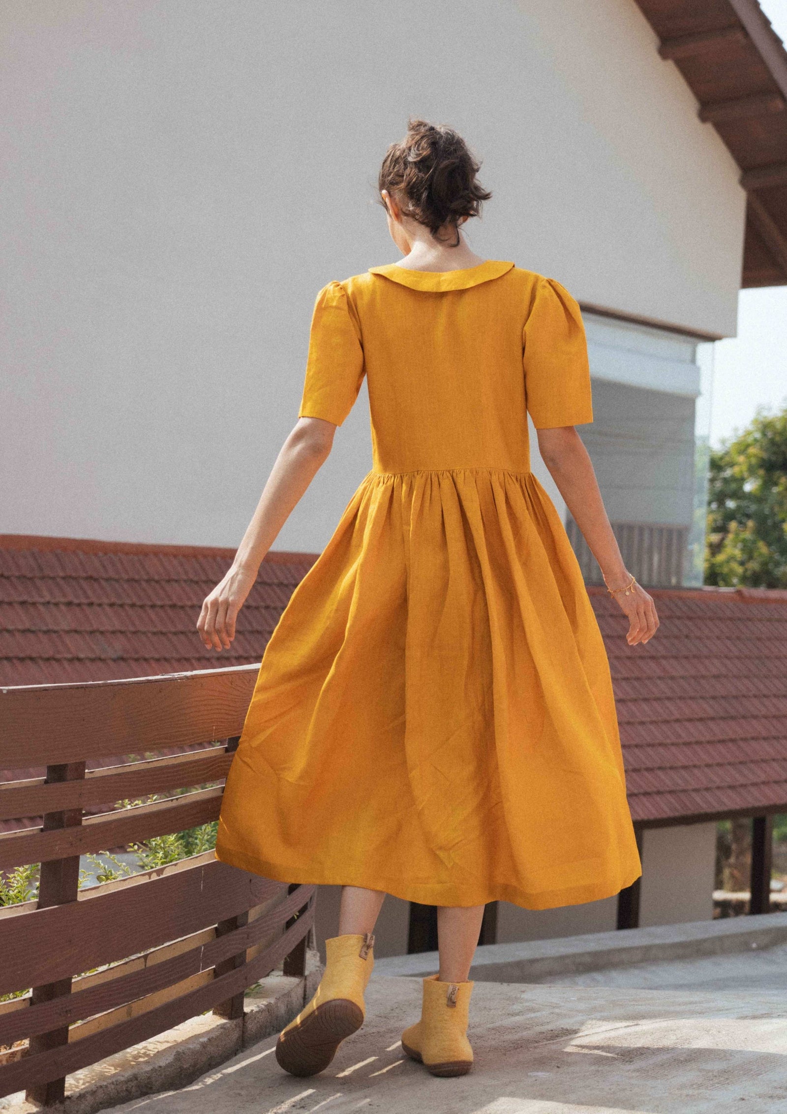 Linen Sunset Stroll Gathered Midi Dress