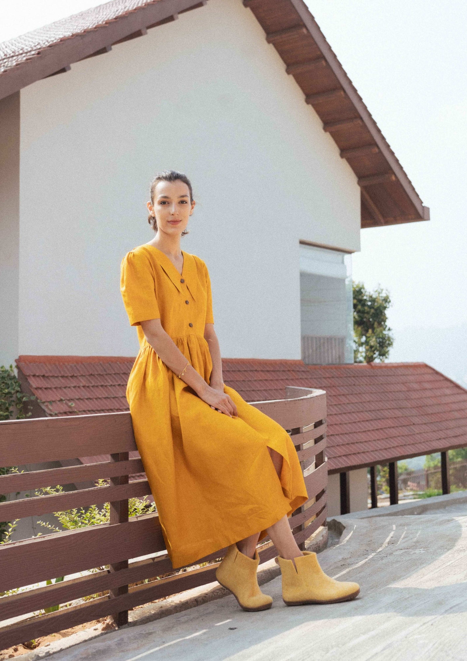 Linen Sunset Stroll Gathered Midi Dress