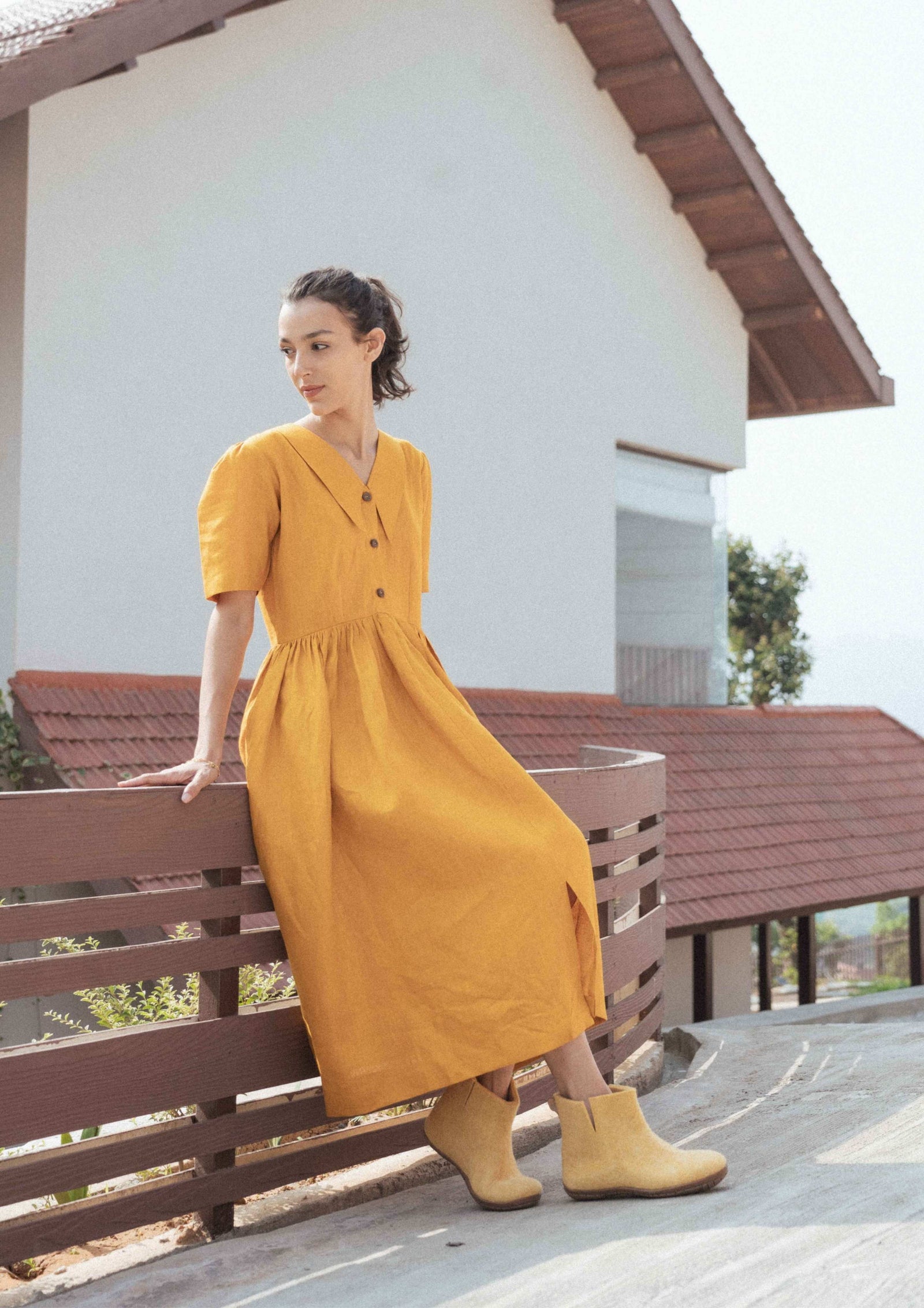 Linen Sunset Stroll Gathered Midi Dress