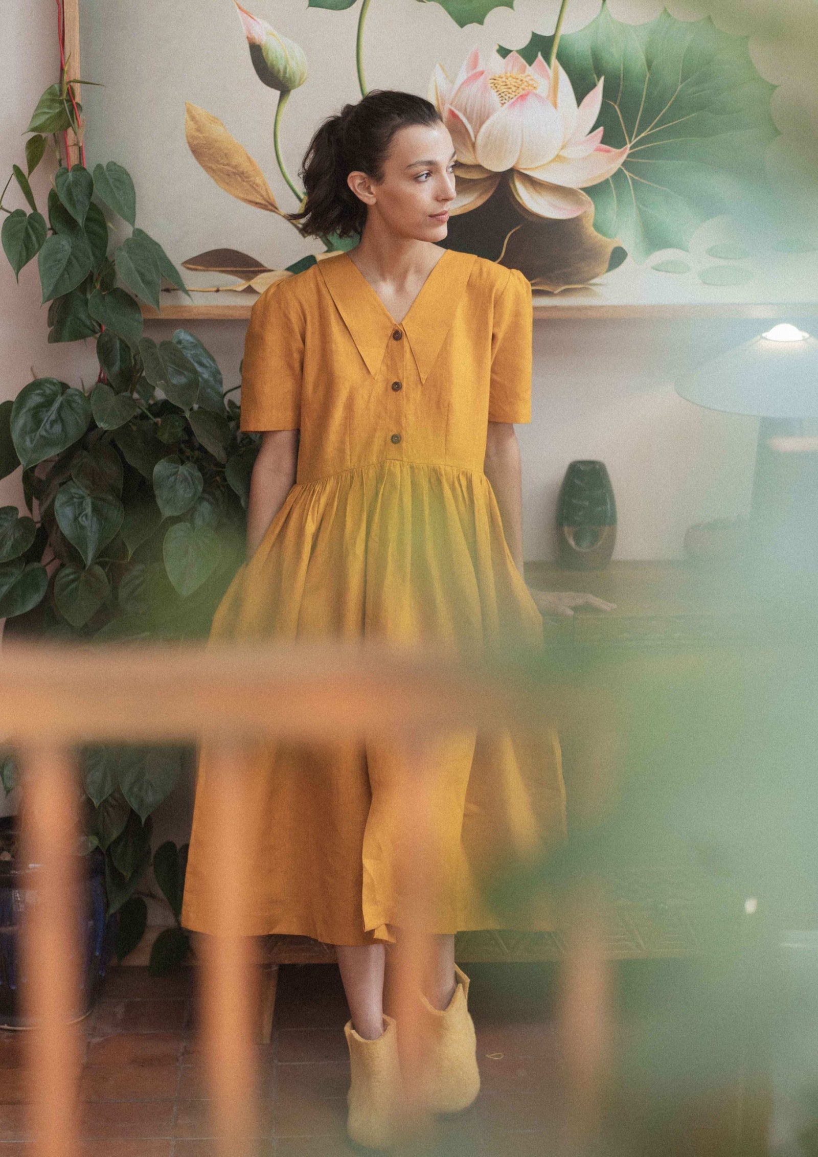 Linen Sunset Stroll Gathered Midi Dress
