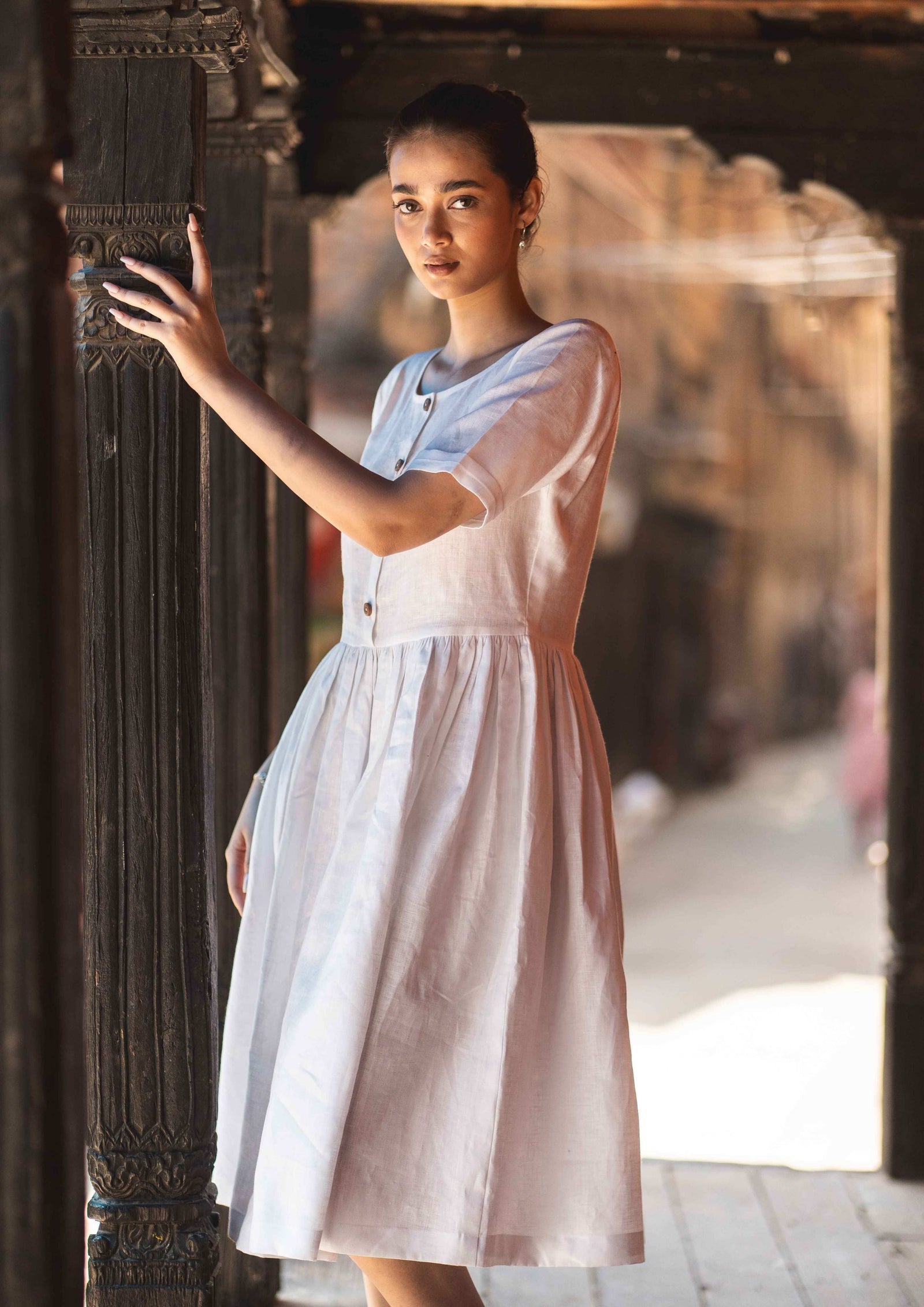 Linen White Meadow Midi Dress