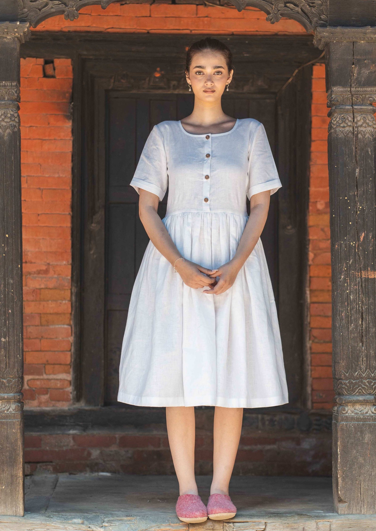 Linen White Meadow Midi Dress