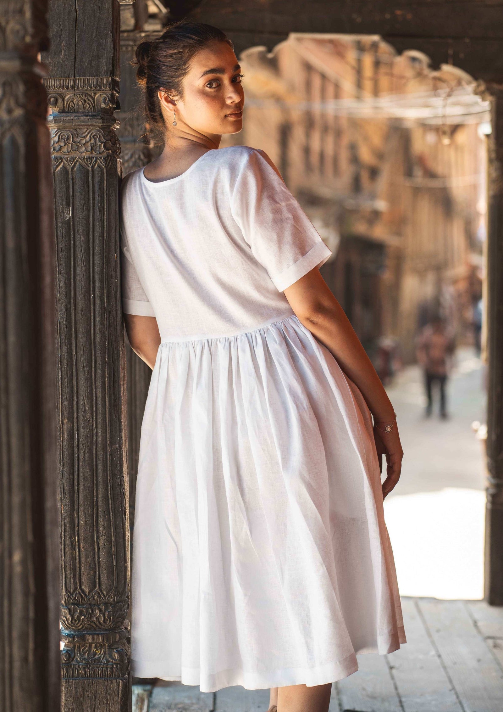 Linen White Meadow Midi Dress