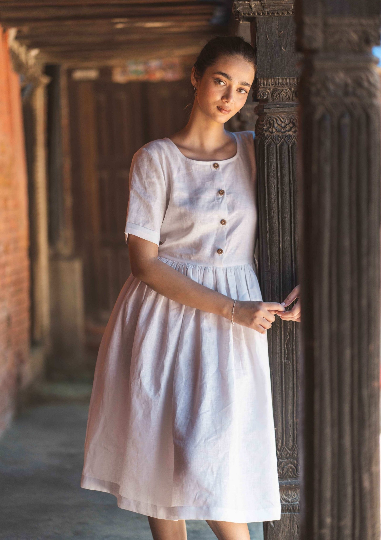 Linen White Meadow Midi Dress