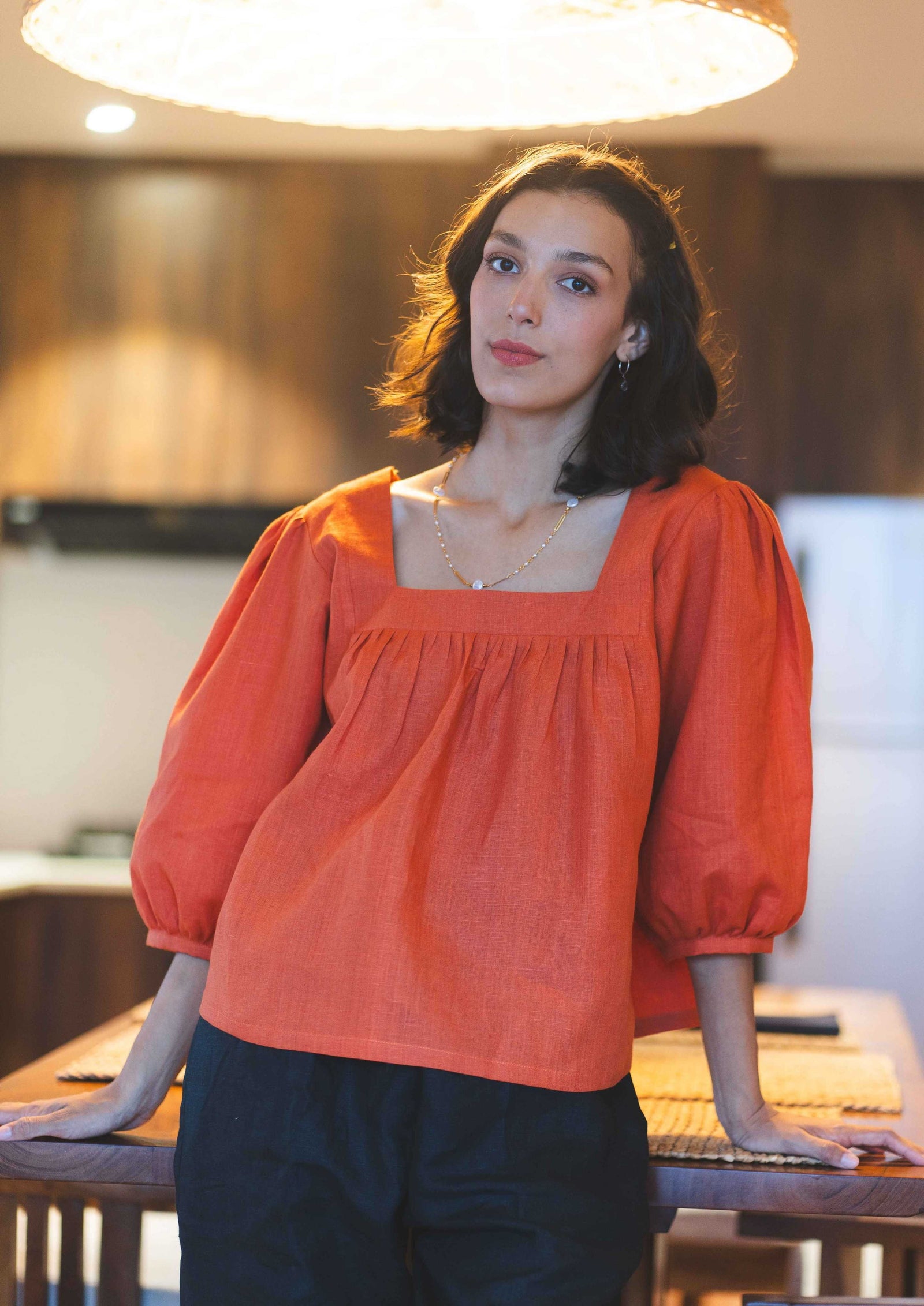 Linen Puffed Sleeve Square-Neck Top