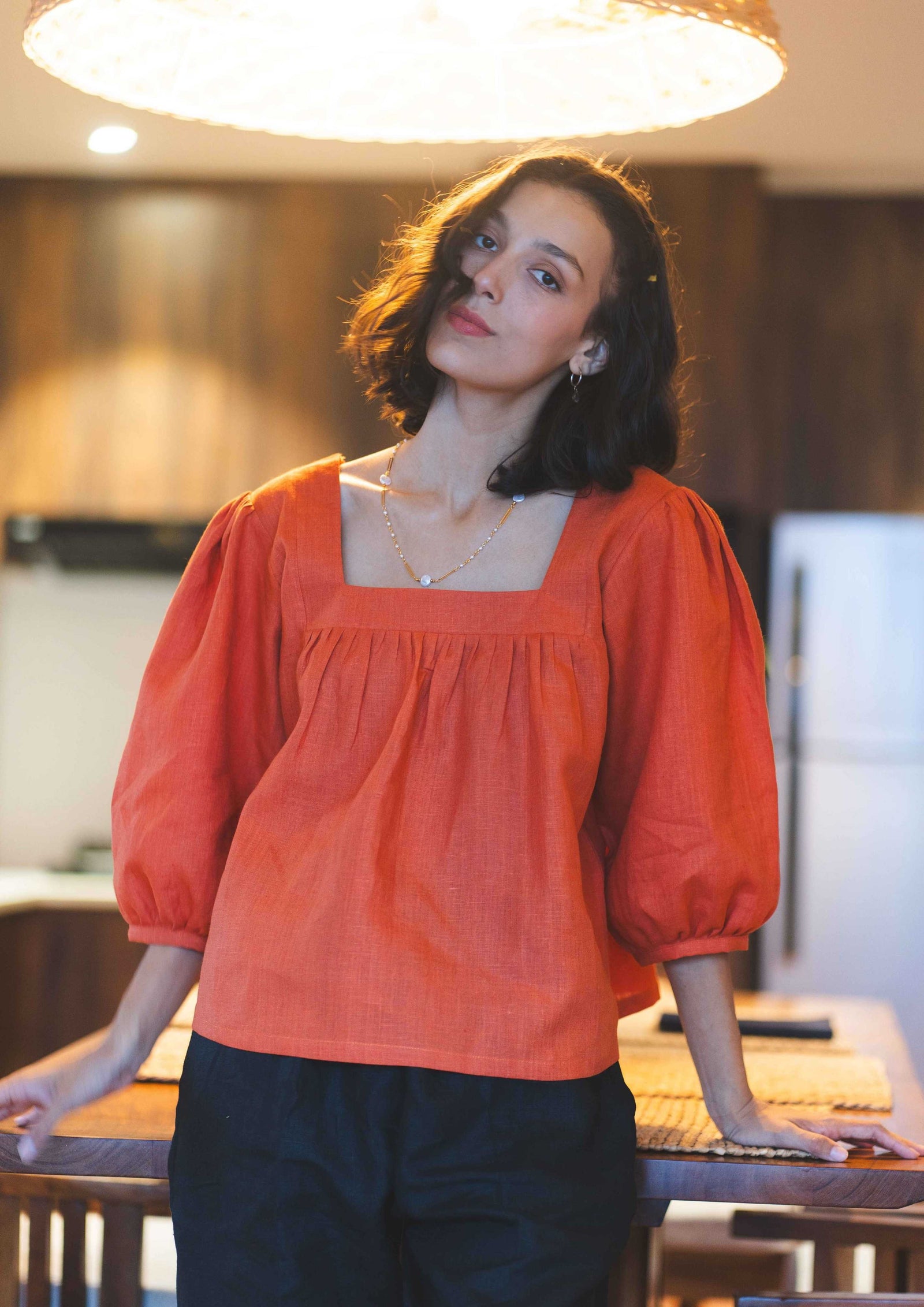 Linen Puffed Sleeve Square-Neck Top