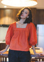 Linen Puffed Sleeve Square-Neck Top