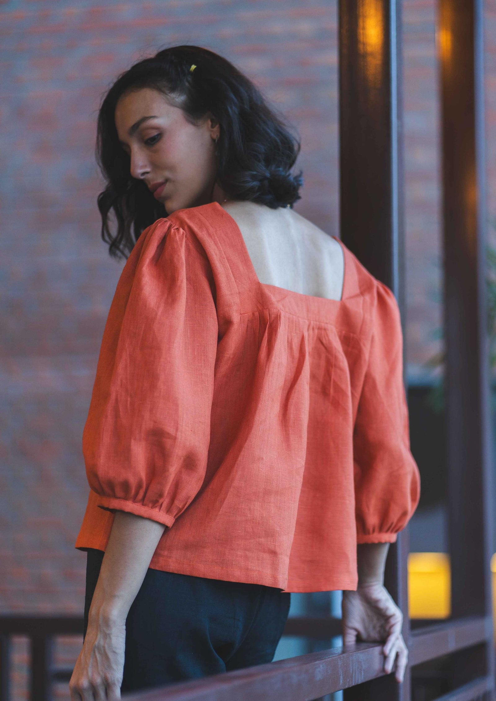 Linen Puffed Sleeve Square-Neck Top